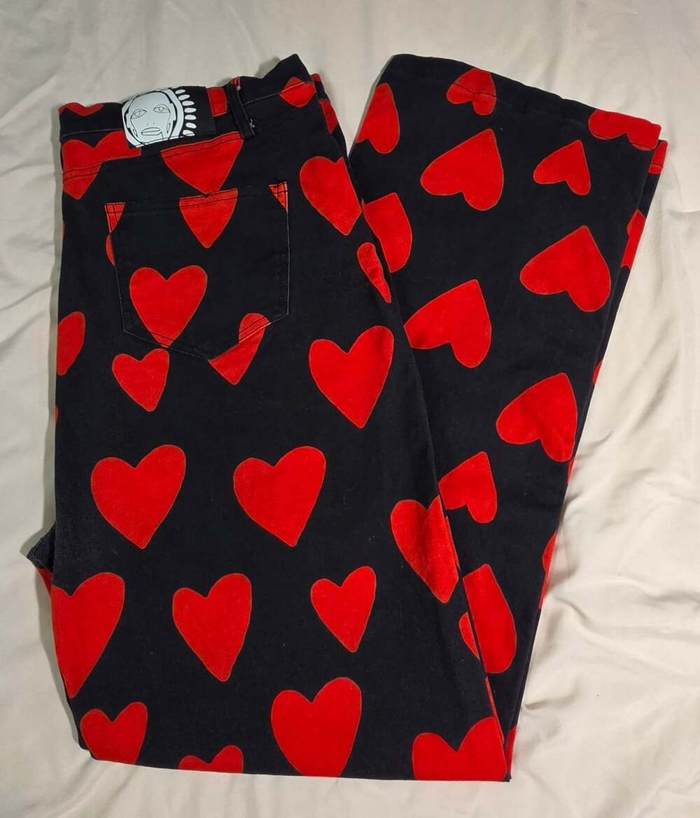 Patrick Church Black and Red Heart Print Denim Trousers Size 36